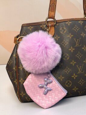 NEW Lilac Purple Woven Pouch Balloon Dog Pom Pom Bag Charm Keychain Set